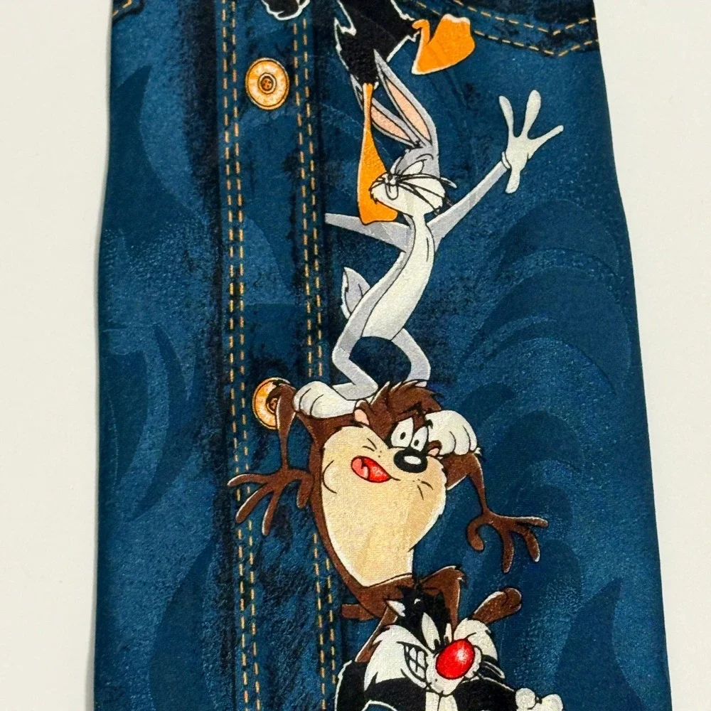 1997 Looney Tunes Denim Shirt Illusion Tie Bugs Bunny Sylvester Taz Daffy Silk